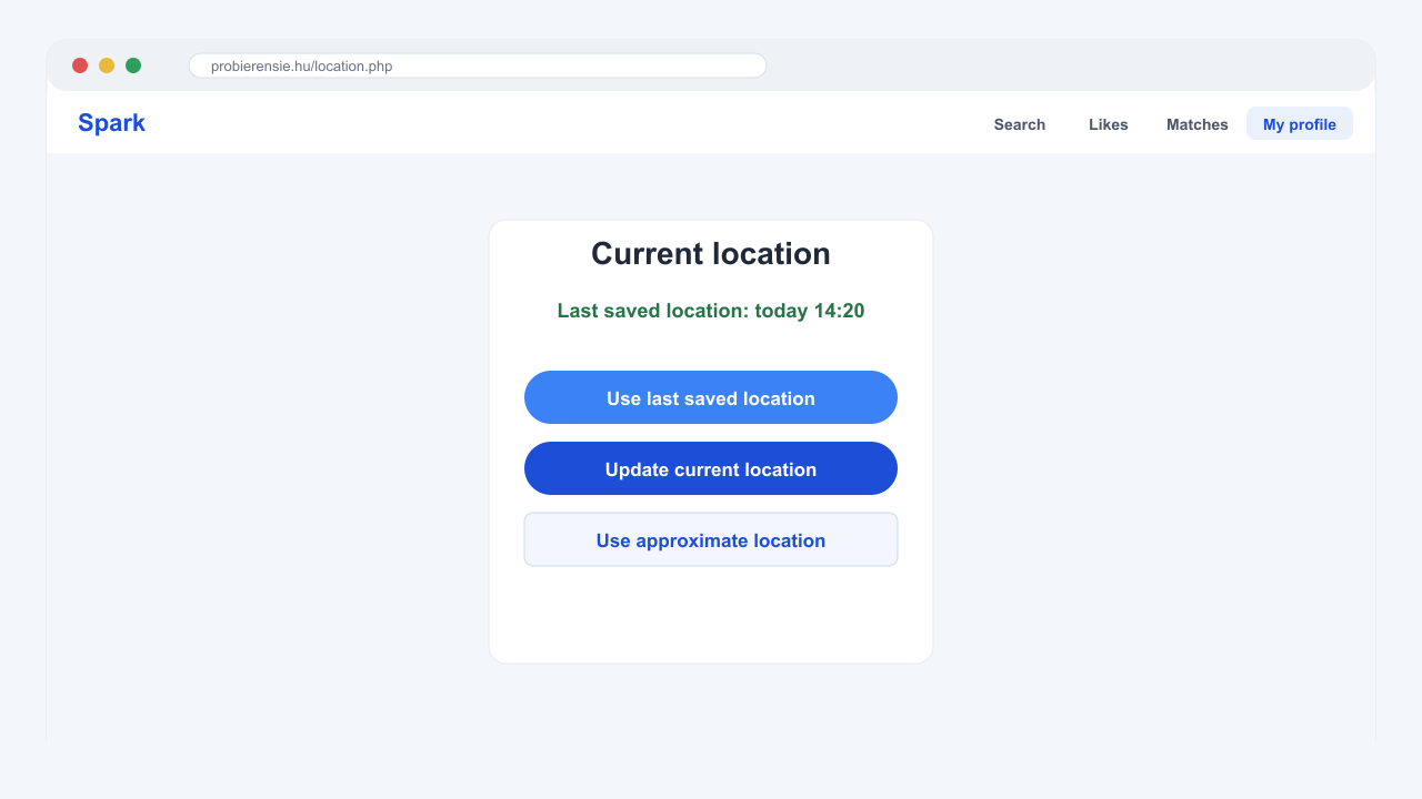 Desktop screenshot of the Spark location choice screen
